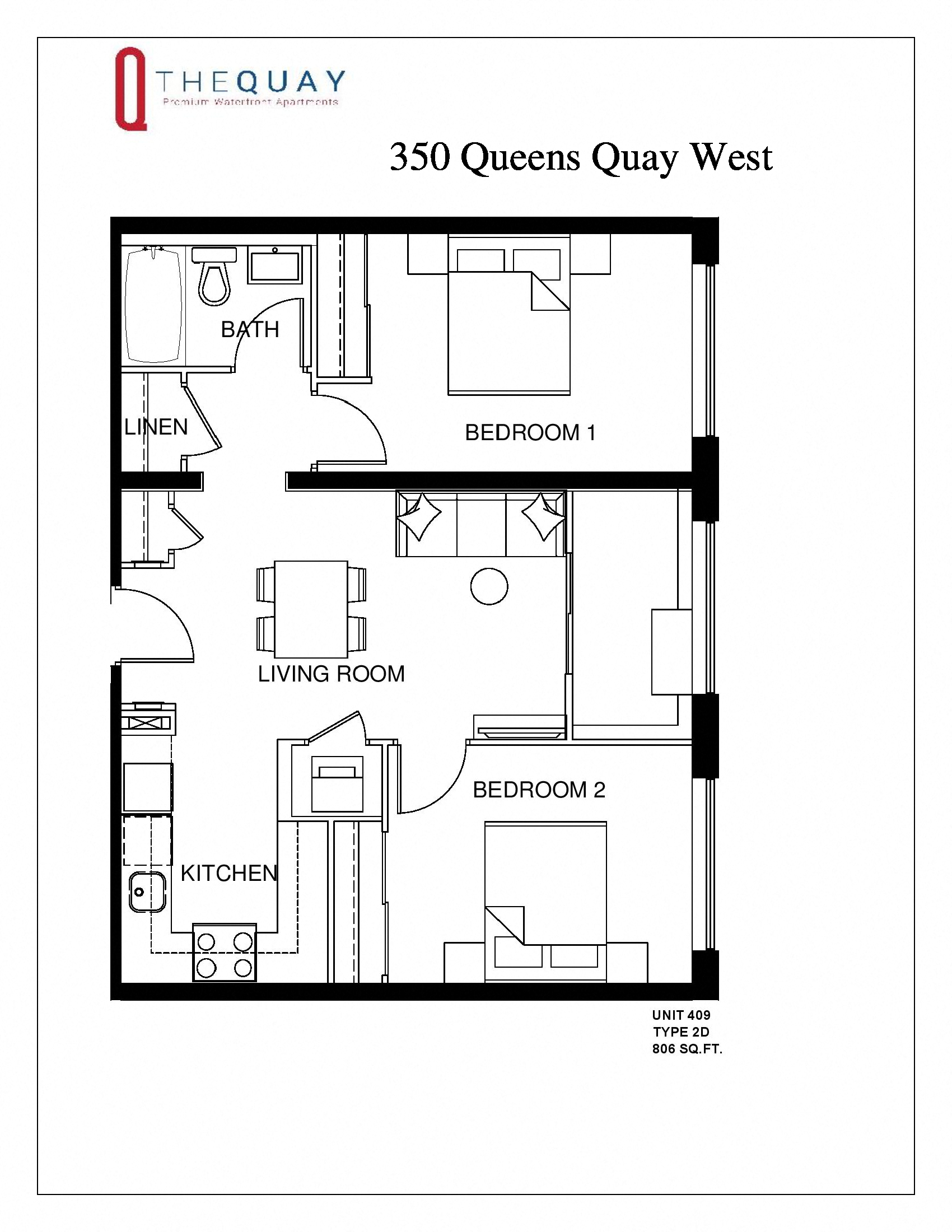 Floor plan for 2 beds, 1 bath, 806 sqft